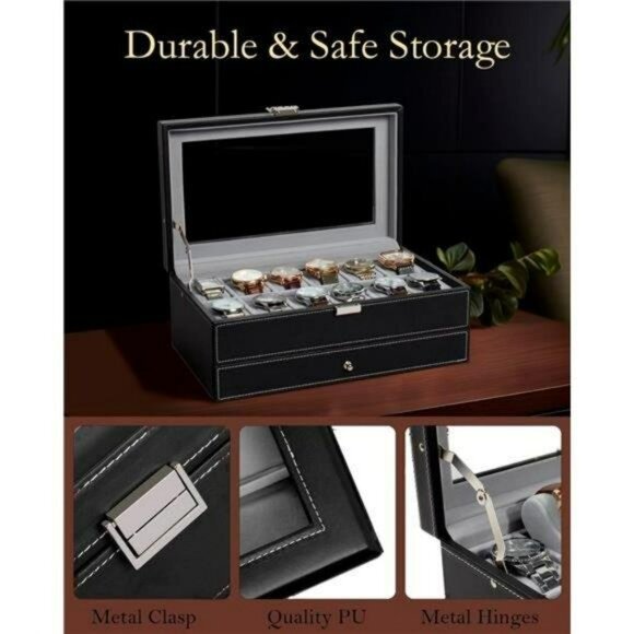 Men's Watch Box Case Organizer Large Black Leather 2 Layer 12 slot Gift for Men - Picture 2 of 5